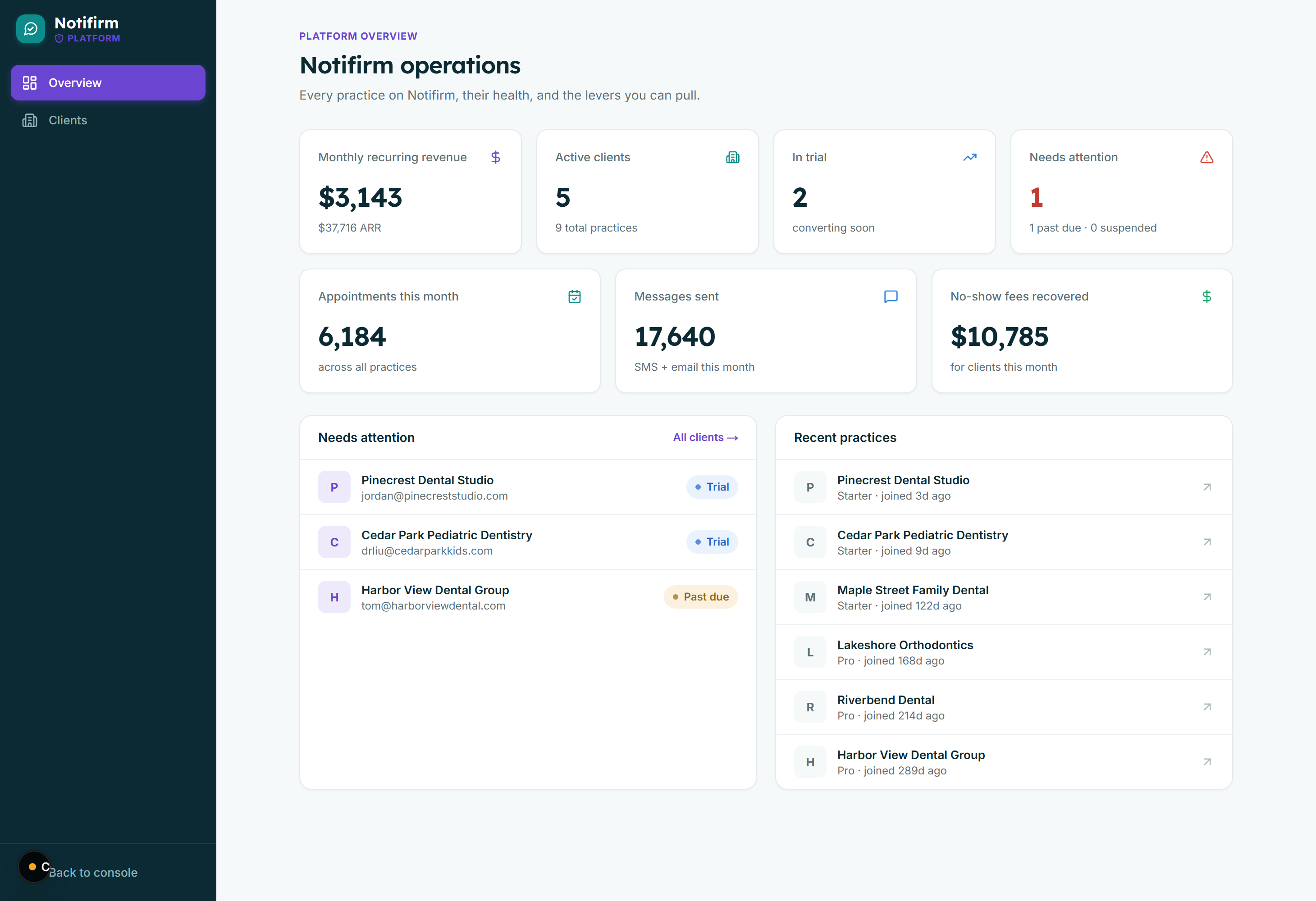 The platform admin console